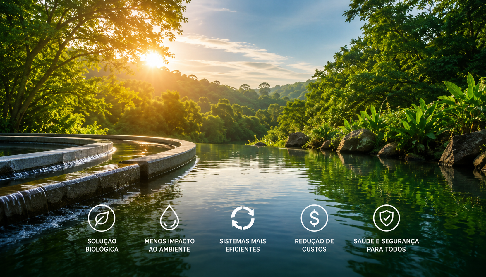 Estação de tratamento integrada à natureza ao amanhecer, com destaques de solução biológica, menor impacto ambiental, sistemas eficientes e redução de custos